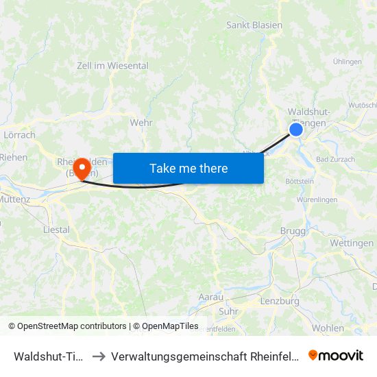 Waldshut-Tiengen to Verwaltungsgemeinschaft Rheinfelden (Baden) map