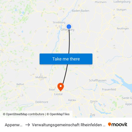 Appenweier to Verwaltungsgemeinschaft Rheinfelden (Baden) map