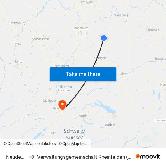 Neudenau to Verwaltungsgemeinschaft Rheinfelden (Baden) map