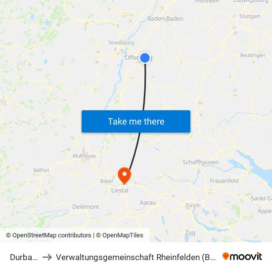 Durbach to Verwaltungsgemeinschaft Rheinfelden (Baden) map