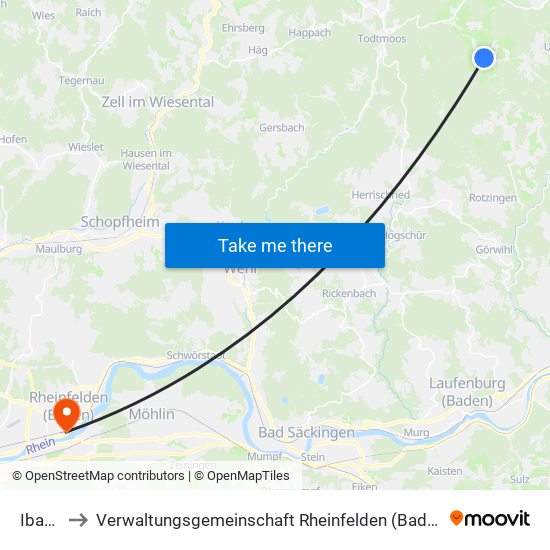 Ibach to Verwaltungsgemeinschaft Rheinfelden (Baden) map