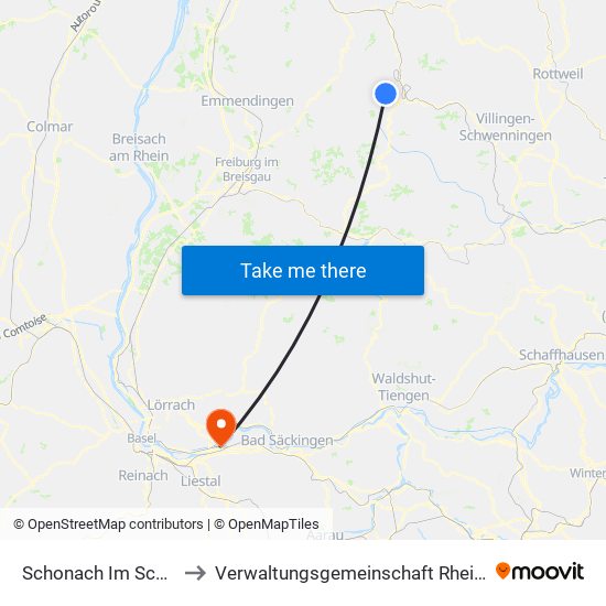 Schonach Im Schwarzwald to Verwaltungsgemeinschaft Rheinfelden (Baden) map