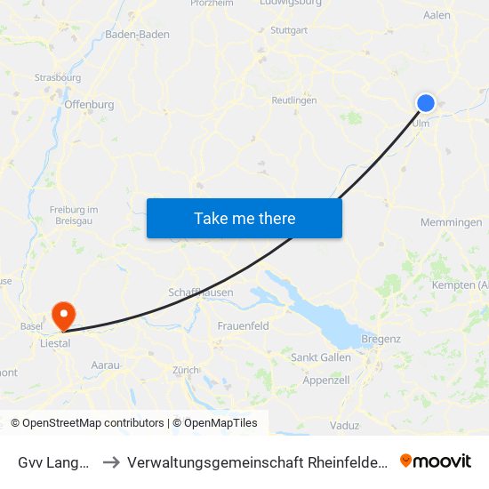 Gvv Langenau to Verwaltungsgemeinschaft Rheinfelden (Baden) map