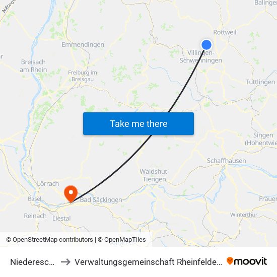Niedereschach to Verwaltungsgemeinschaft Rheinfelden (Baden) map