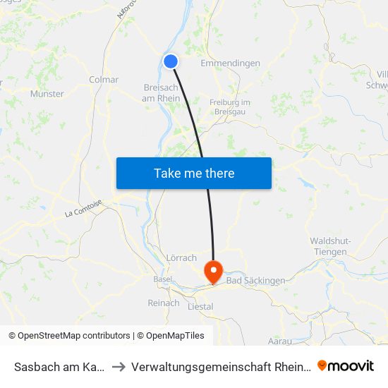 Sasbach am Kaiserstuhl to Verwaltungsgemeinschaft Rheinfelden (Baden) map