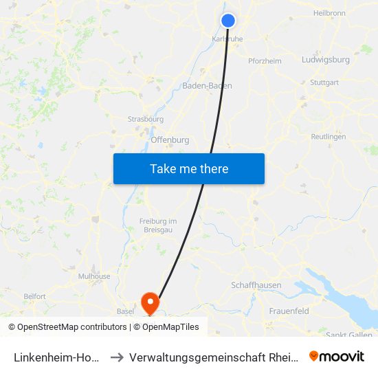 Linkenheim-Hochstetten to Verwaltungsgemeinschaft Rheinfelden (Baden) map
