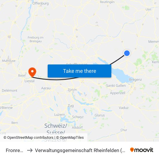 Fronreute to Verwaltungsgemeinschaft Rheinfelden (Baden) map