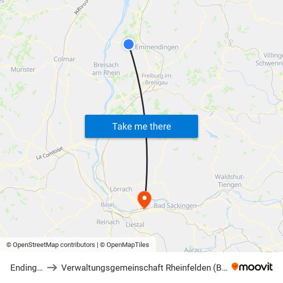 Endingen to Verwaltungsgemeinschaft Rheinfelden (Baden) map