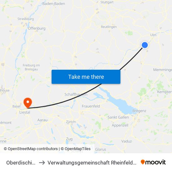 Oberdischingen to Verwaltungsgemeinschaft Rheinfelden (Baden) map