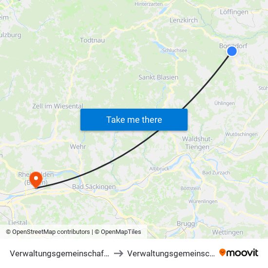 Verwaltungsgemeinschaft Bonndorf Im Schwarzwald to Verwaltungsgemeinschaft Rheinfelden (Baden) map