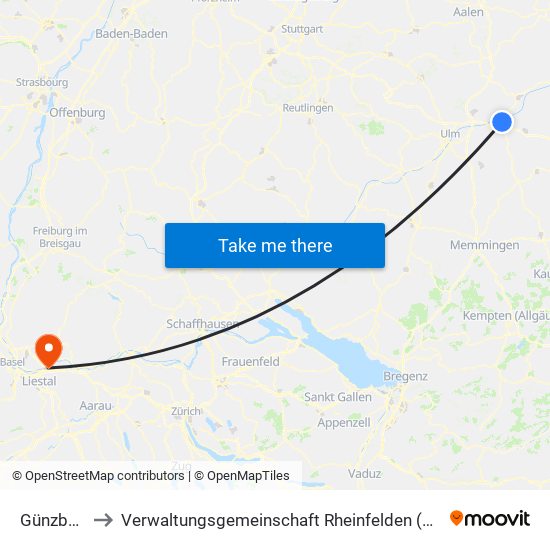 Günzburg to Verwaltungsgemeinschaft Rheinfelden (Baden) map
