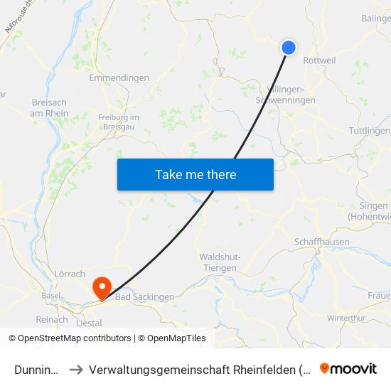 Dunningen to Verwaltungsgemeinschaft Rheinfelden (Baden) map