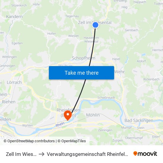 Zell Im Wiesental to Verwaltungsgemeinschaft Rheinfelden (Baden) map