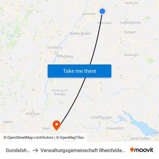 Gondelsheim to Verwaltungsgemeinschaft Rheinfelden (Baden) map
