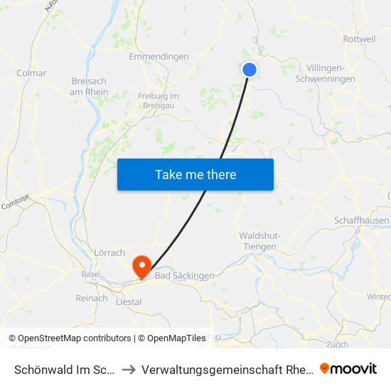 Schönwald Im Schwarzwald to Verwaltungsgemeinschaft Rheinfelden (Baden) map