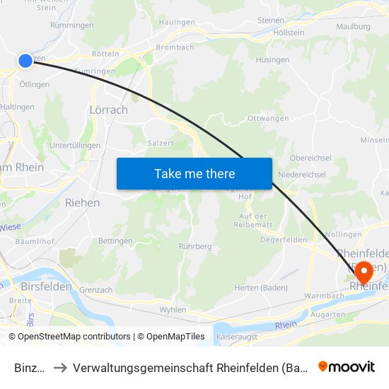 Binzen to Verwaltungsgemeinschaft Rheinfelden (Baden) map