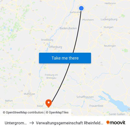 Untergrombach to Verwaltungsgemeinschaft Rheinfelden (Baden) map