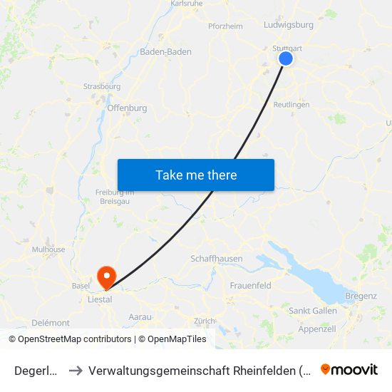 Degerloch to Verwaltungsgemeinschaft Rheinfelden (Baden) map