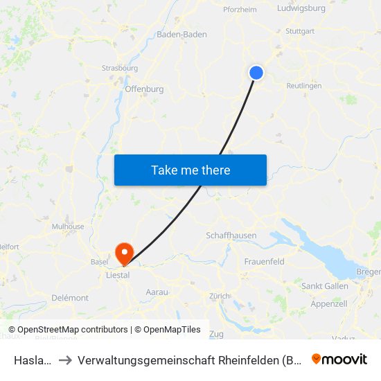 Haslach to Verwaltungsgemeinschaft Rheinfelden (Baden) map