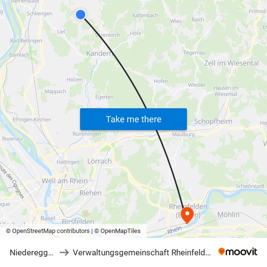 Niedereggenen to Verwaltungsgemeinschaft Rheinfelden (Baden) map