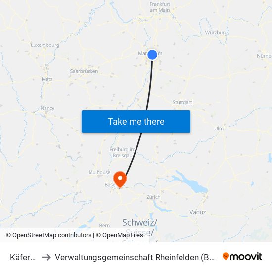 Käfertal to Verwaltungsgemeinschaft Rheinfelden (Baden) map