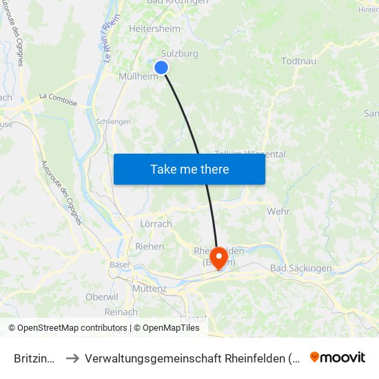 Britzingen to Verwaltungsgemeinschaft Rheinfelden (Baden) map