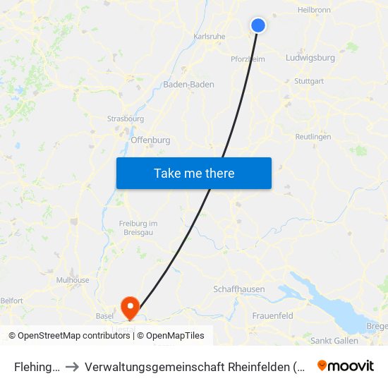 Flehingen to Verwaltungsgemeinschaft Rheinfelden (Baden) map