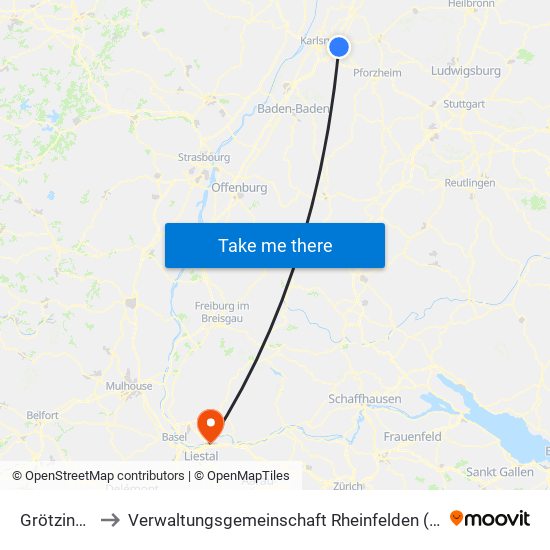 Grötzingen to Verwaltungsgemeinschaft Rheinfelden (Baden) map