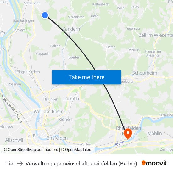 Liel to Verwaltungsgemeinschaft Rheinfelden (Baden) map