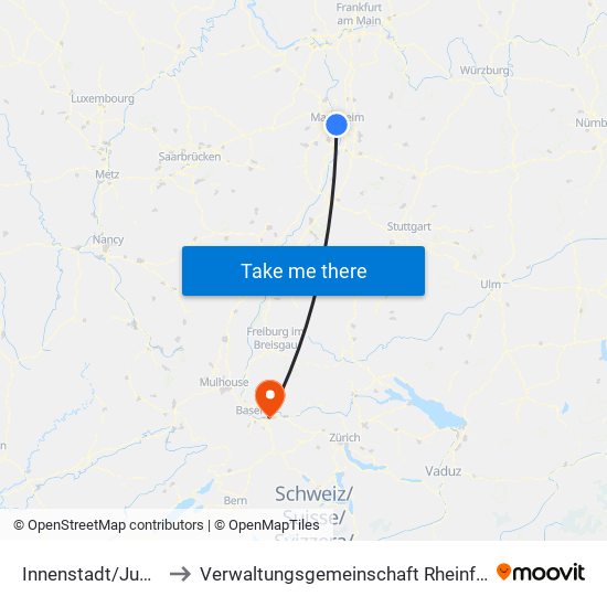 Innenstadt/Jungbusch to Verwaltungsgemeinschaft Rheinfelden (Baden) map