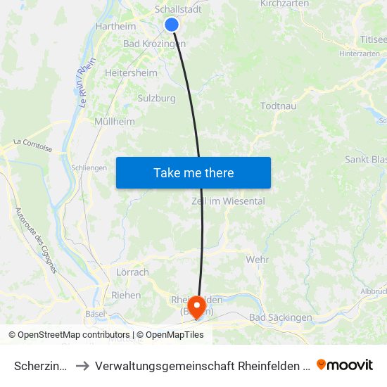 Scherzingen to Verwaltungsgemeinschaft Rheinfelden (Baden) map