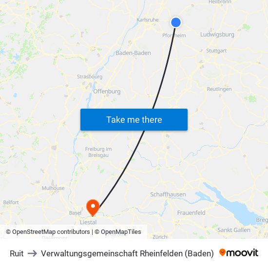 Ruit to Verwaltungsgemeinschaft Rheinfelden (Baden) map