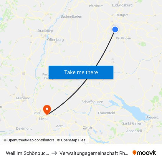 Weil Im Schönbuch (Kernort) to Verwaltungsgemeinschaft Rheinfelden (Baden) map
