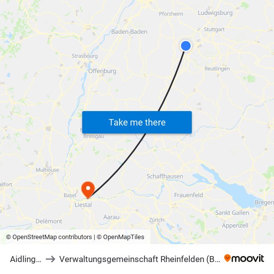 Aidlingen to Verwaltungsgemeinschaft Rheinfelden (Baden) map