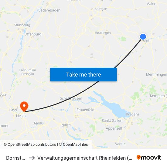 Dornstadt to Verwaltungsgemeinschaft Rheinfelden (Baden) map
