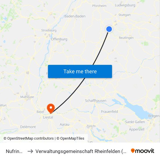 Nufringen to Verwaltungsgemeinschaft Rheinfelden (Baden) map