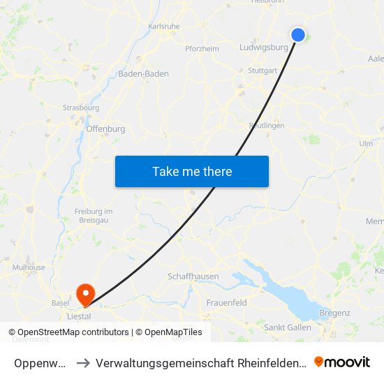 Oppenweiler to Verwaltungsgemeinschaft Rheinfelden (Baden) map