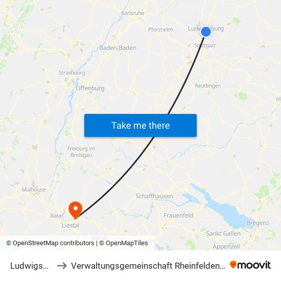Ludwigsburg to Verwaltungsgemeinschaft Rheinfelden (Baden) map