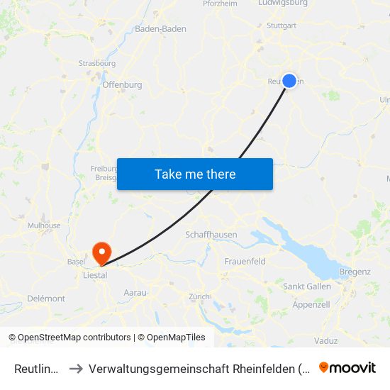 Reutlingen to Verwaltungsgemeinschaft Rheinfelden (Baden) map