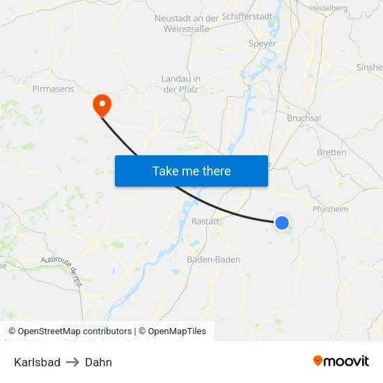 Karlsbad to Dahn map