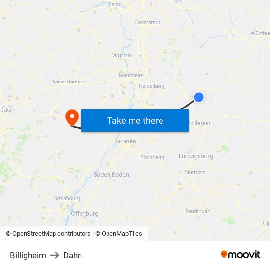 Billigheim to Dahn map