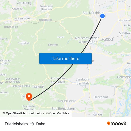 Friedelsheim to Dahn map