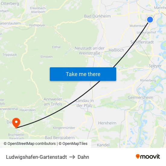 Ludwigshafen-Gartenstadt to Dahn map