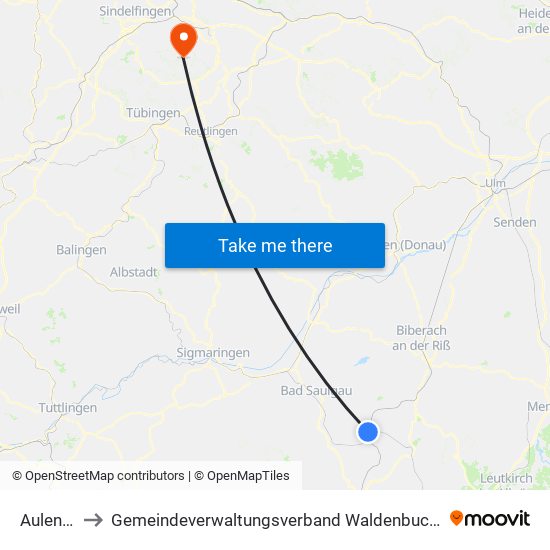 Aulendorf to Gemeindeverwaltungsverband Waldenbuch / Steinenbronn map