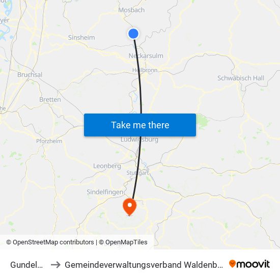 Gundelsheim to Gemeindeverwaltungsverband Waldenbuch / Steinenbronn map