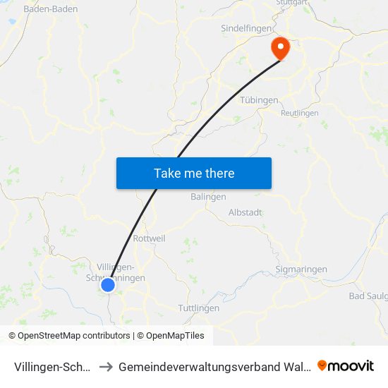 Villingen-Schwenningen to Gemeindeverwaltungsverband Waldenbuch / Steinenbronn map
