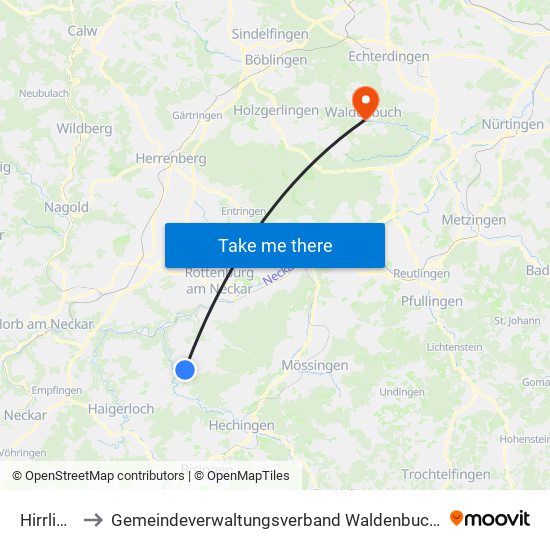 Hirrlingen to Gemeindeverwaltungsverband Waldenbuch / Steinenbronn map