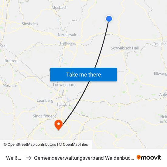 Weißbach to Gemeindeverwaltungsverband Waldenbuch / Steinenbronn map