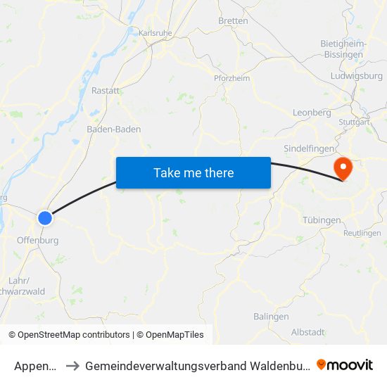 Appenweier to Gemeindeverwaltungsverband Waldenbuch / Steinenbronn map