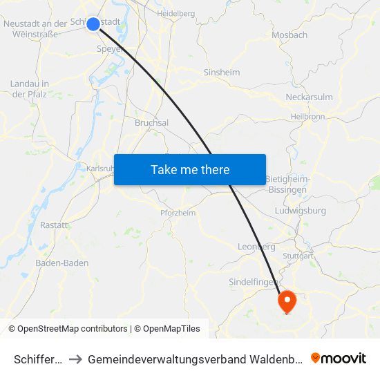 Schifferstadt to Gemeindeverwaltungsverband Waldenbuch / Steinenbronn map